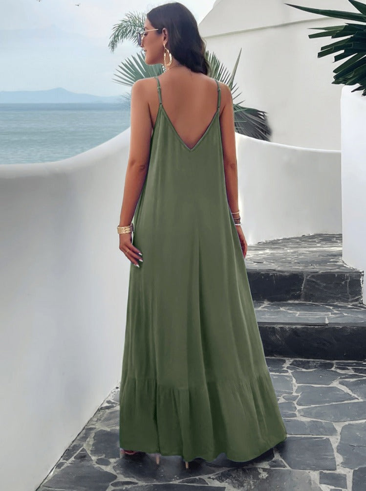 Robe longue à bretelles de couleur unie décontractée verte