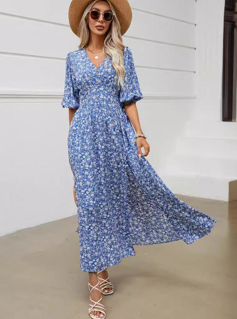 Robe bohème bleue à col en V et manches lanternes