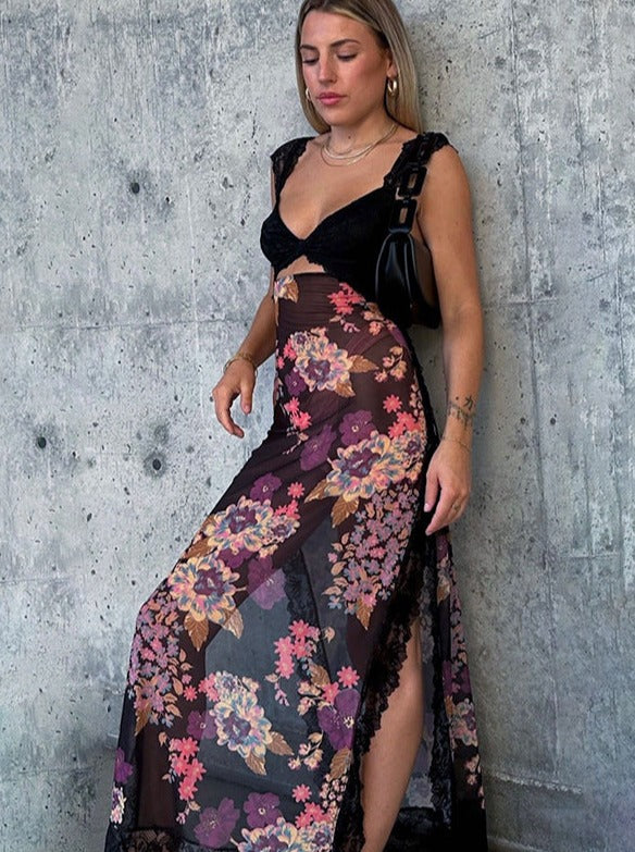 Robe dos nu sexy en maille à imprimé floral et dentelle 