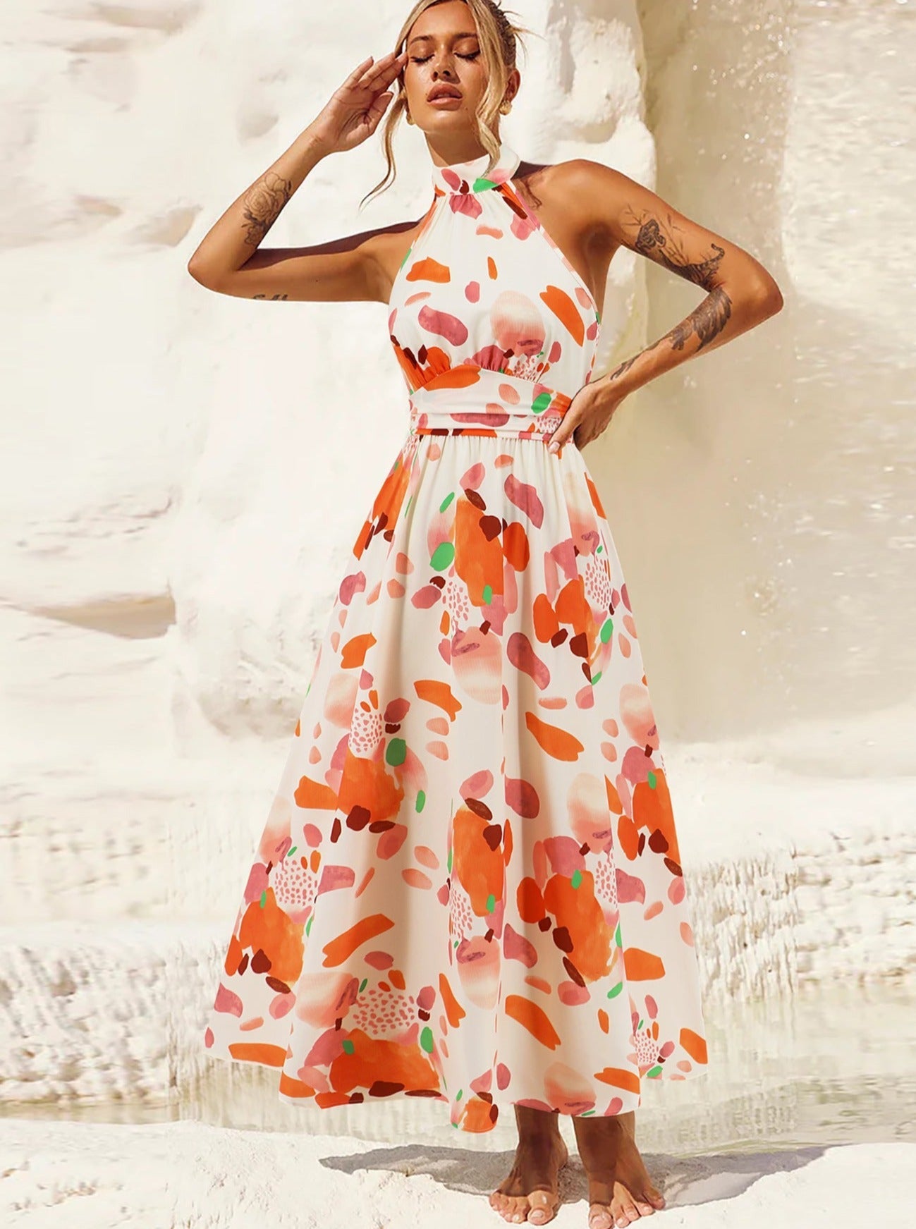 Robe d'été élégante sans manches à imprimé tropical 