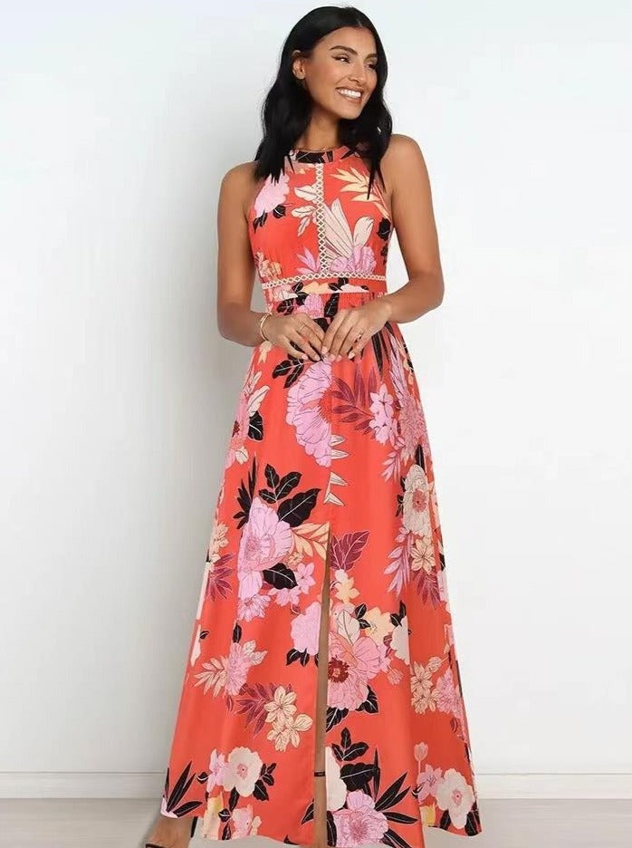 Robe longue à imprimé floral avec col licou et dos nageur 