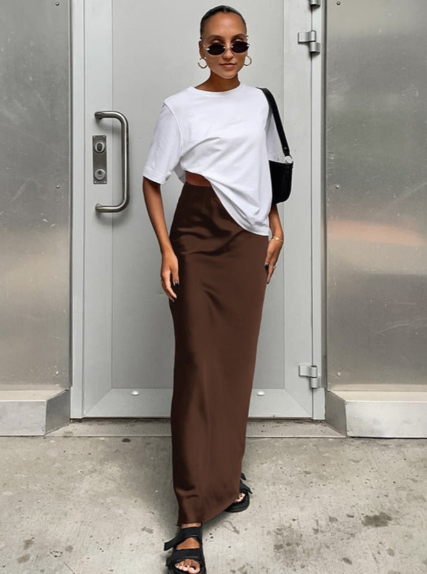 Elegant Plain Colored Satin Maxi Skirt