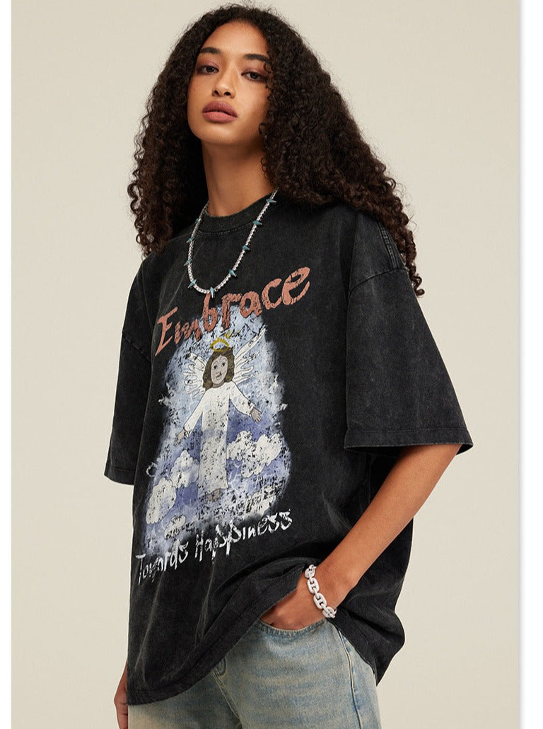 Chemise oversize à imprimé ange basique noire de printemps 