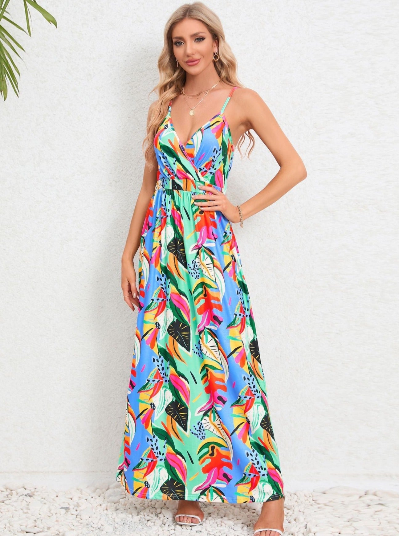 Robe longue à imprimé tropical multicolore 