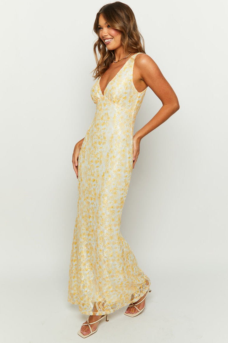 Robe longue jaune élégante à col en V sans manches 