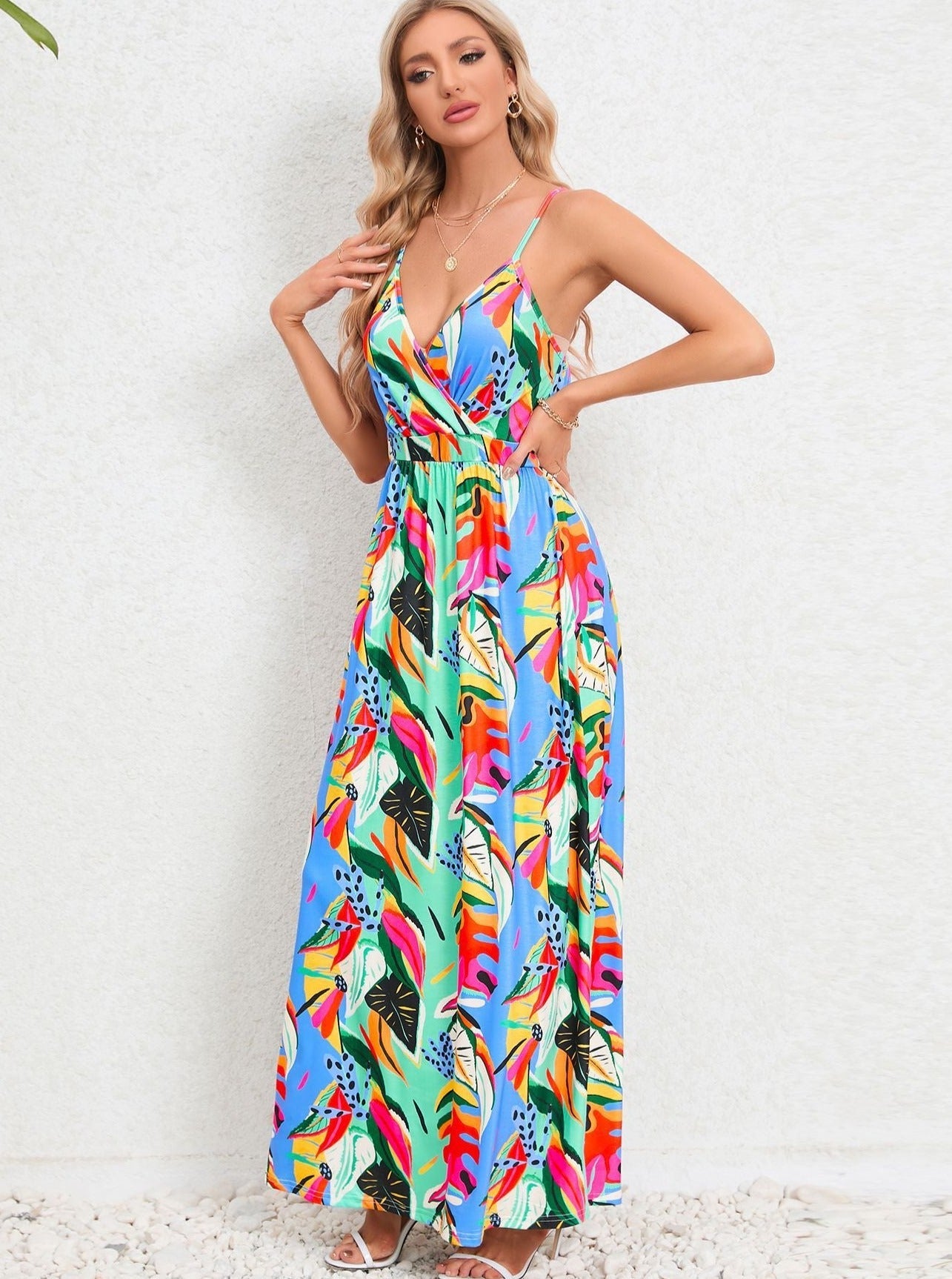 Robe longue à imprimé tropical multicolore 