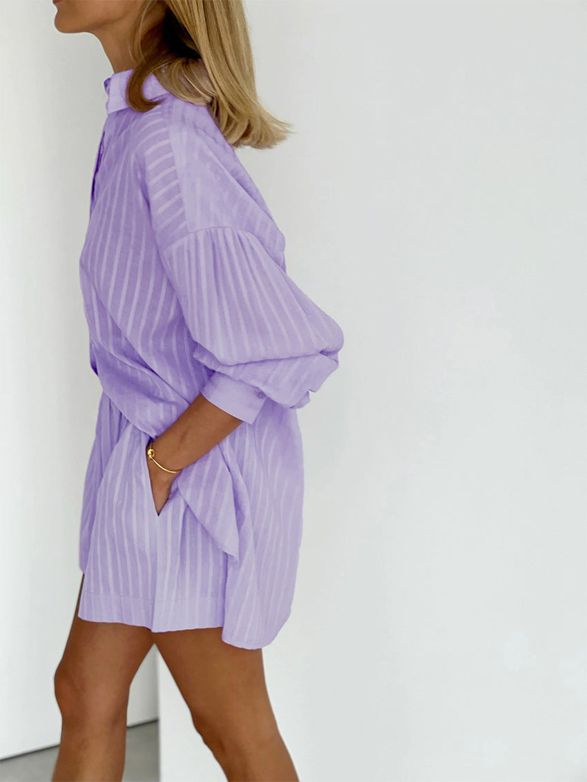 Ensemble deux pièces violet à rayures et short ample à taille élastique 