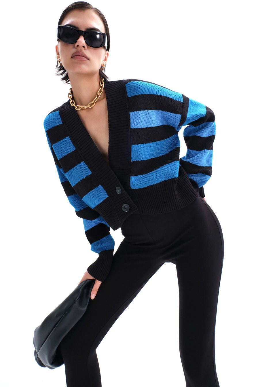 Blue Deep V-Neck Striped Knitted Sweater