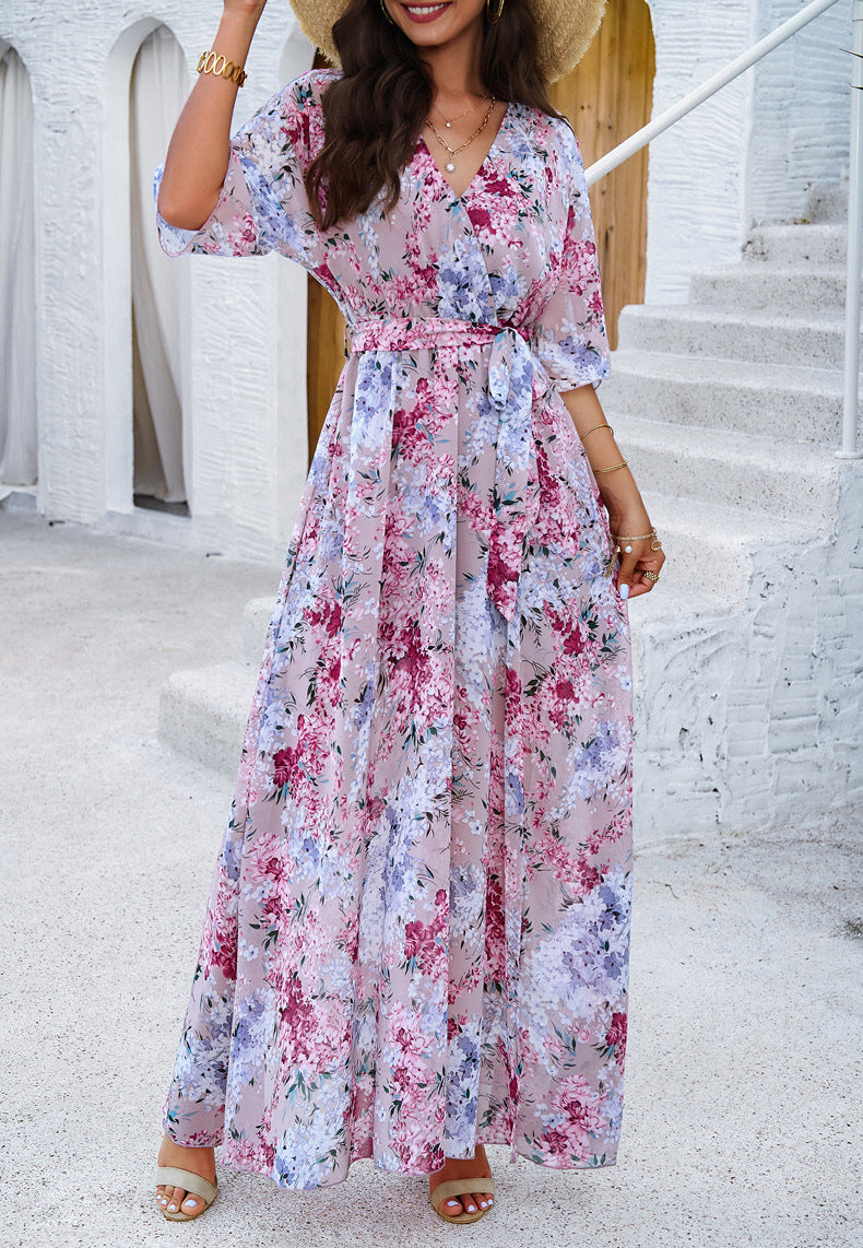 Robe plissée à imprimé floral et col en V 