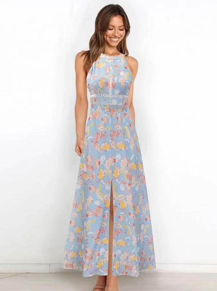 Robe longue à imprimé floral avec col licou et dos nageur 