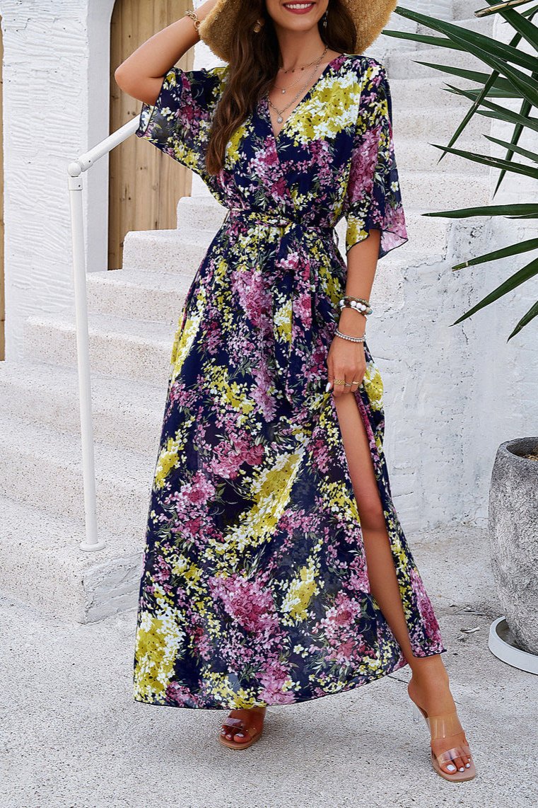 Robe mi-longue à imprimé floral, col en V, cache-cœur et ceinture 