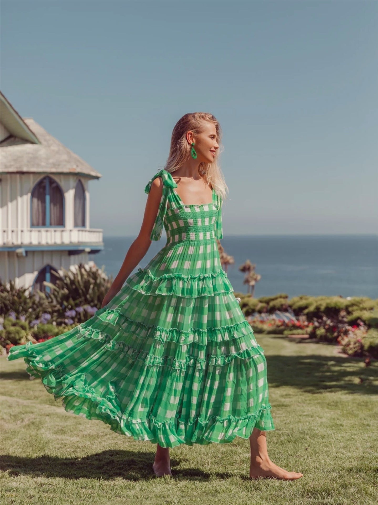 Robe longue en mousseline de soie à bretelles et jupe longue de tempérament vert 