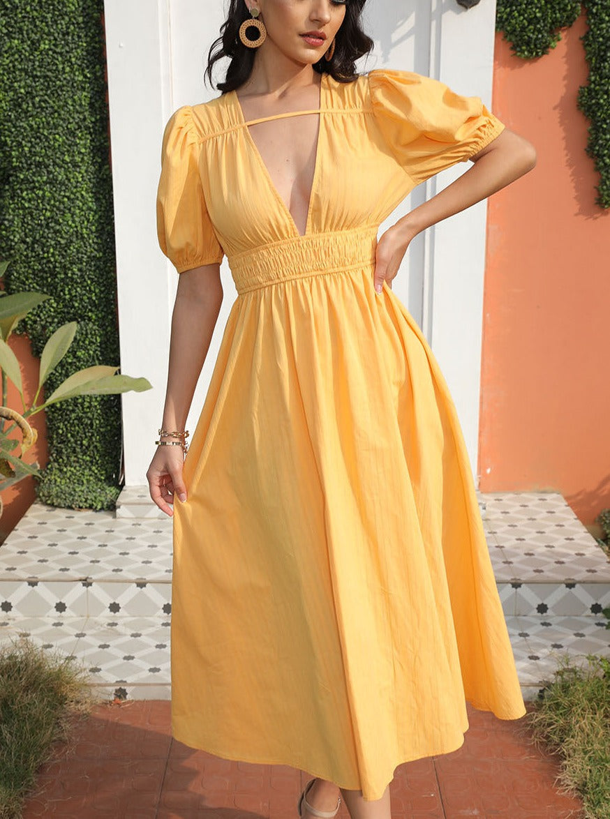 Robe d'été jaune orange à manches bouffantes et col en V 