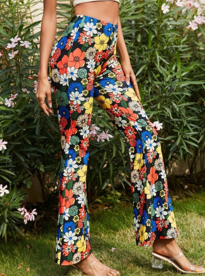 Trendy Floral Printed Tight-Fitting Bell Bottom Pants