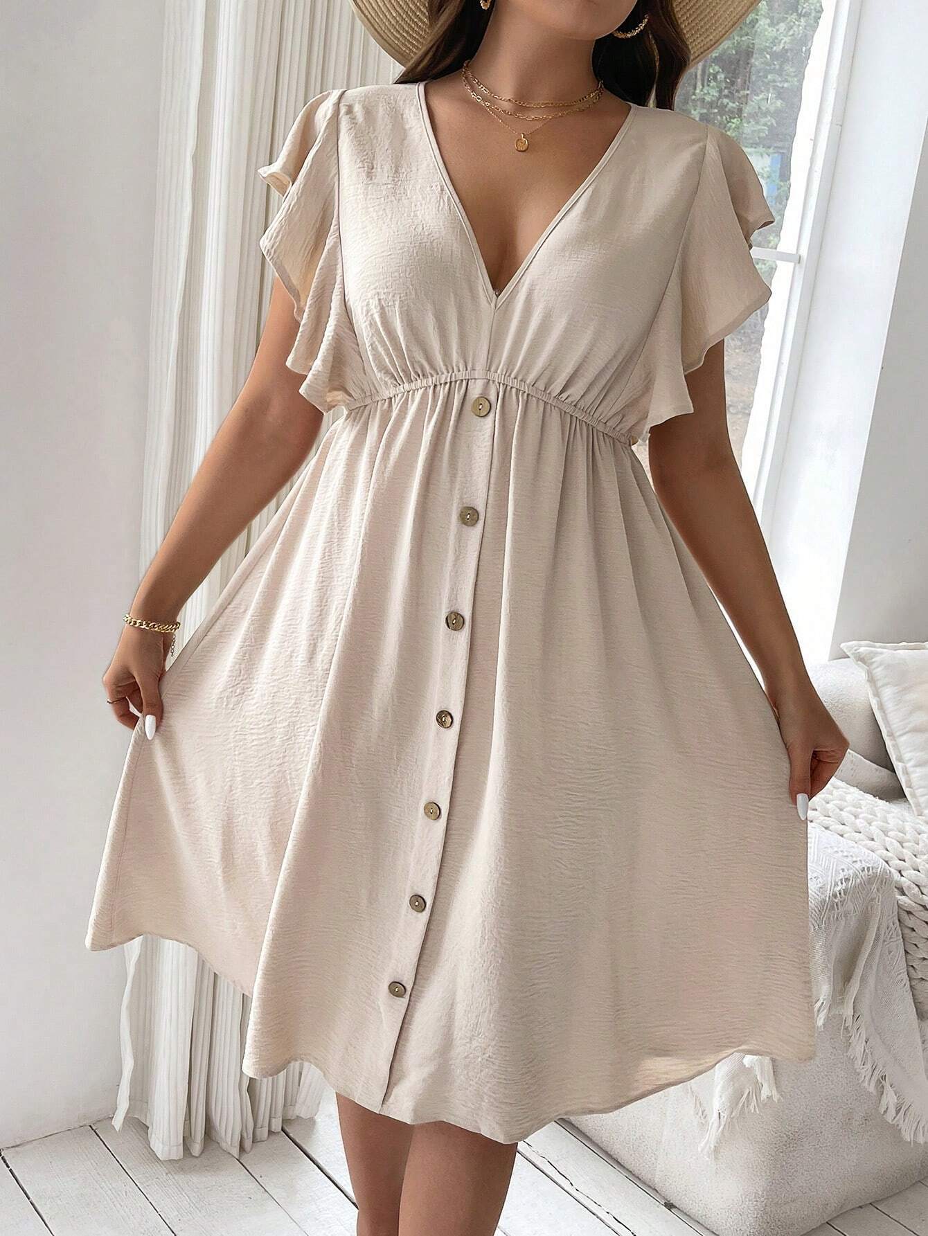 Robe d'été boutonnée à col en V grande taille 