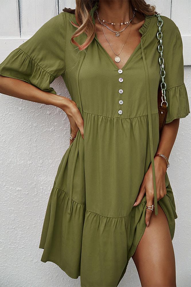 Robe chemise sexy verte à volants et col en V avec cordon de serrage 