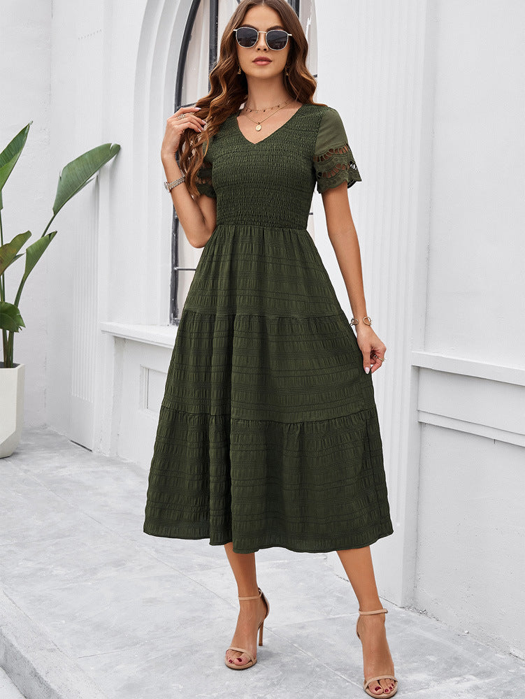 Robe mi-longue décontractée en maille et dentelle vert foncé pour femme 