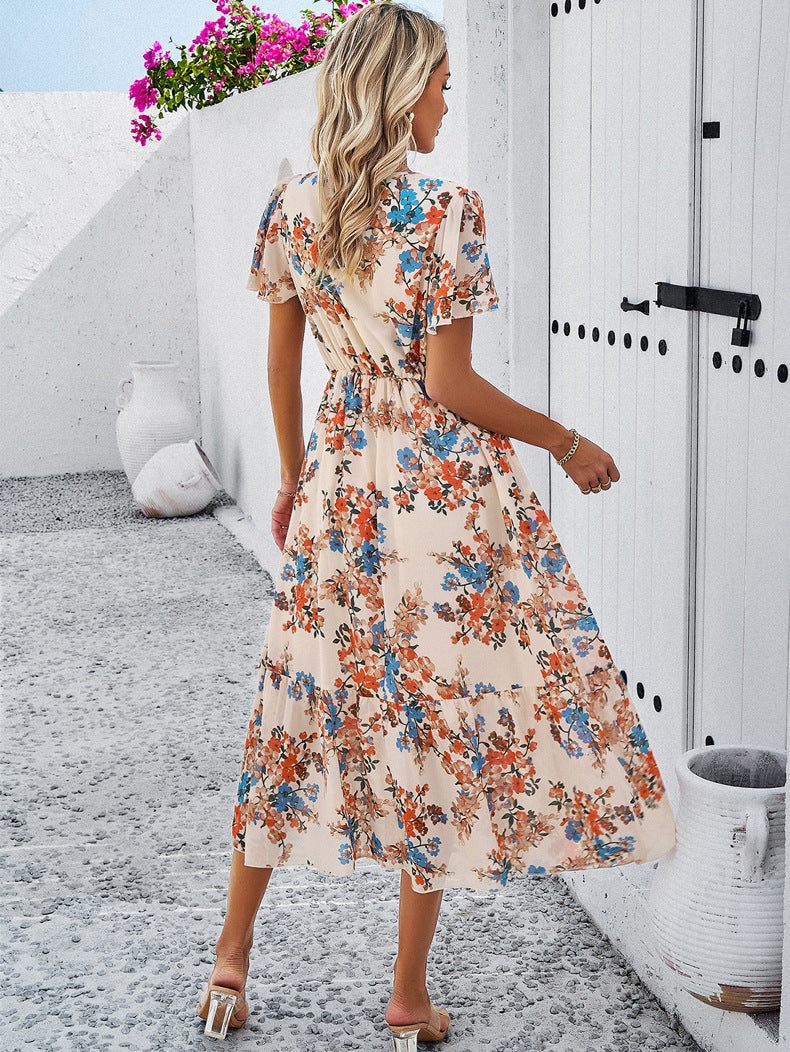 Robe d'été à col en V et imprimé floral abricot 