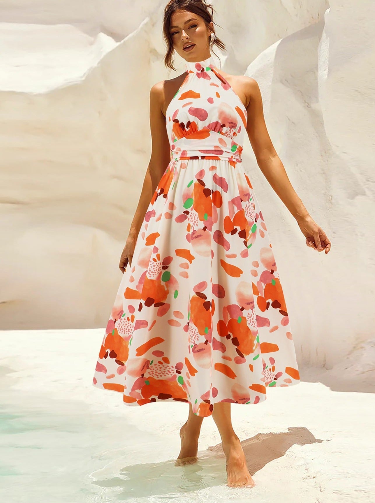 Robe d'été élégante sans manches à imprimé tropical 