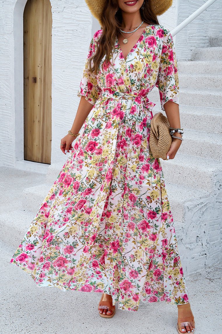 Robe mi-longue à imprimé floral, col en V, cache-cœur et ceinture 