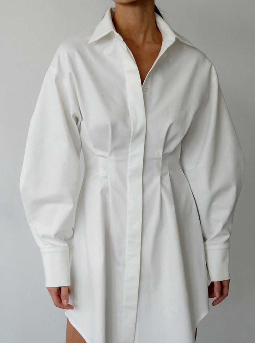 Robe chemise boutonnée plissée à manches longues