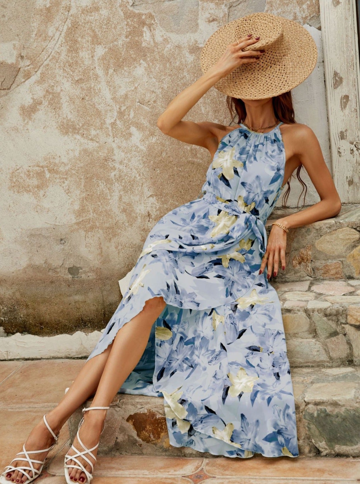 Robe longue maxi slim à imprimé floral d'été style bohème 