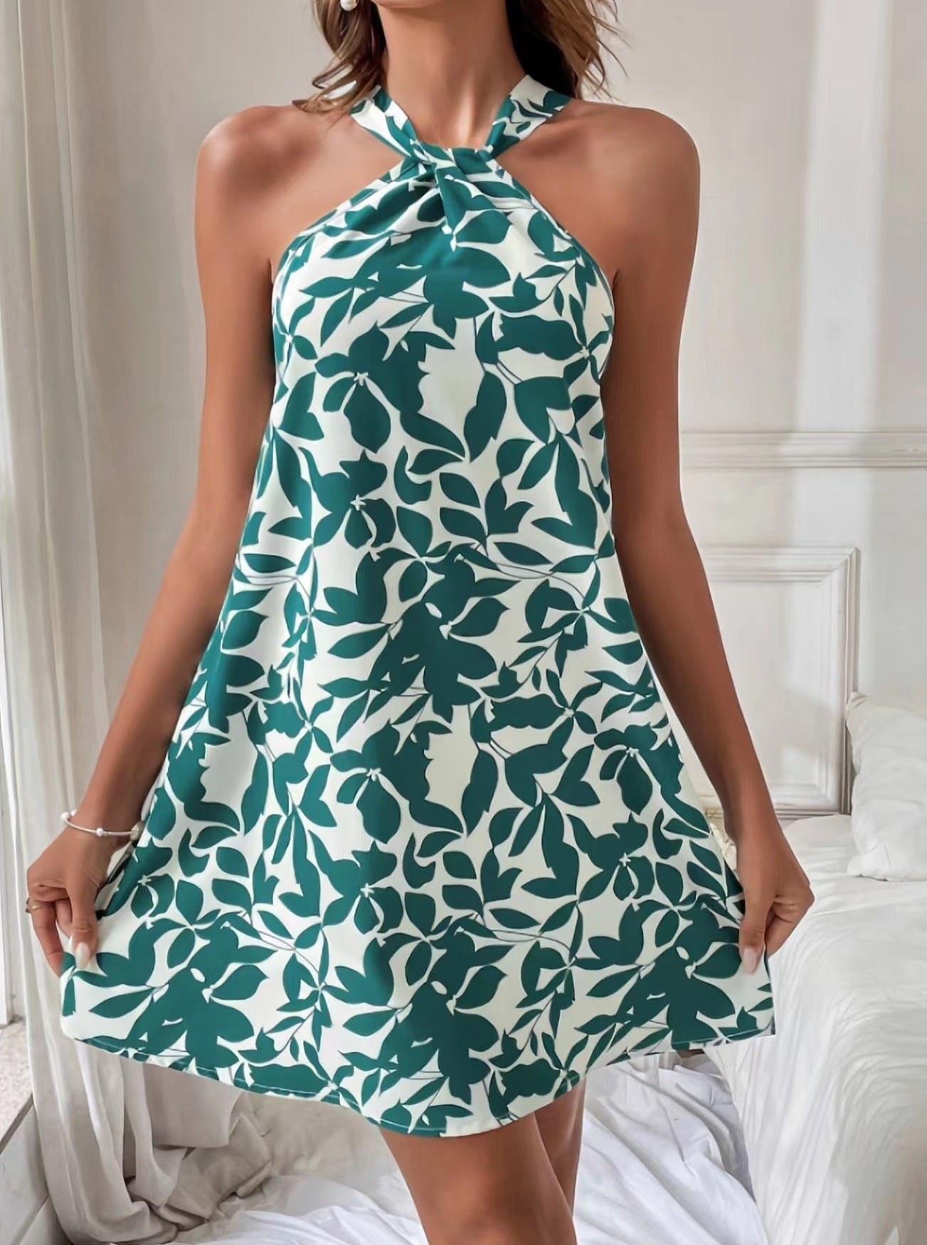 Robe sexy à imprimé tropical et col licou 