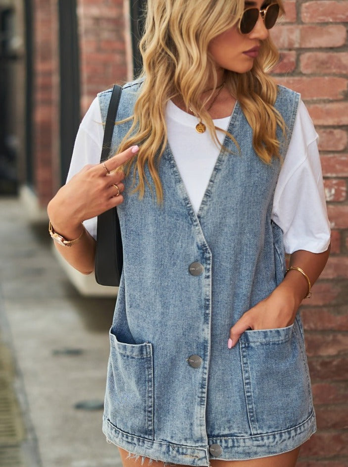 Gilet oversize sans manches en denim délavé 