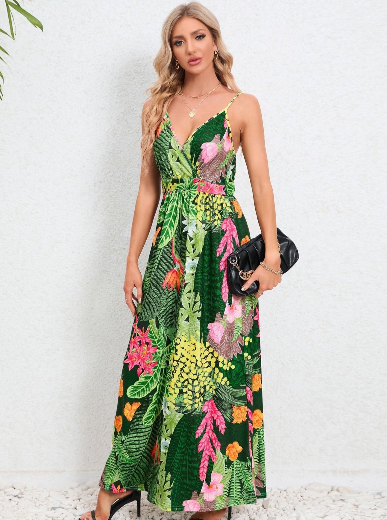 Robe longue à imprimé tropical vert foncé 