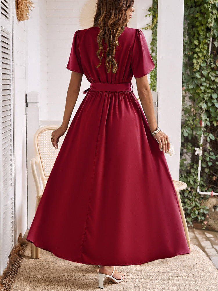 Langes Abendkleid Rot Halblangarm Mit Schlitz Elegant Festlich Taillengürtel