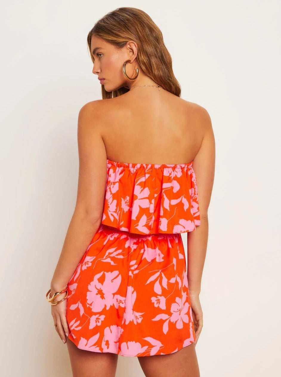 Robe bustier rouge à imprimé tropical 