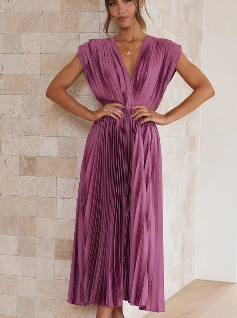 Robe plissée décontractée violette à col en V 