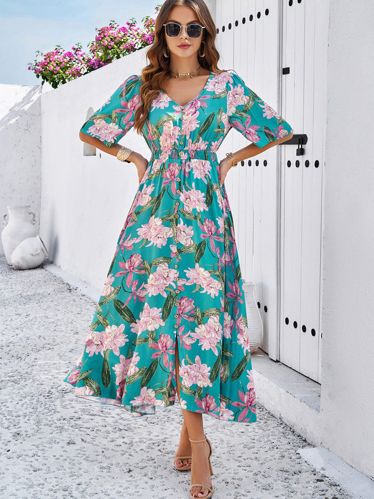 Robe trapèze ample à imprimé floral vert 