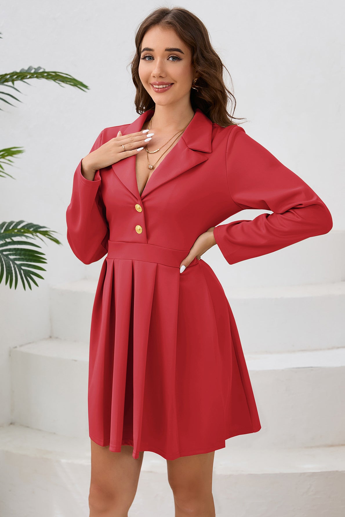 Robe trapèze plissée boutonnée