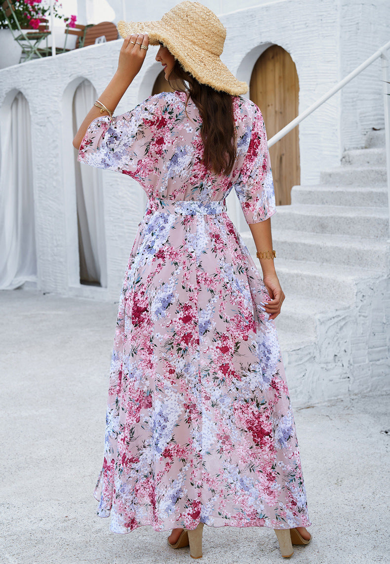 Robe plissée à imprimé floral et col en V 