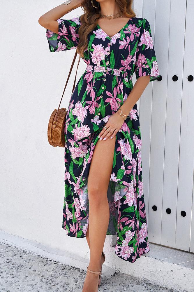 Robe mi-longue d'été chic à fleurs avec col en V et fente latérale