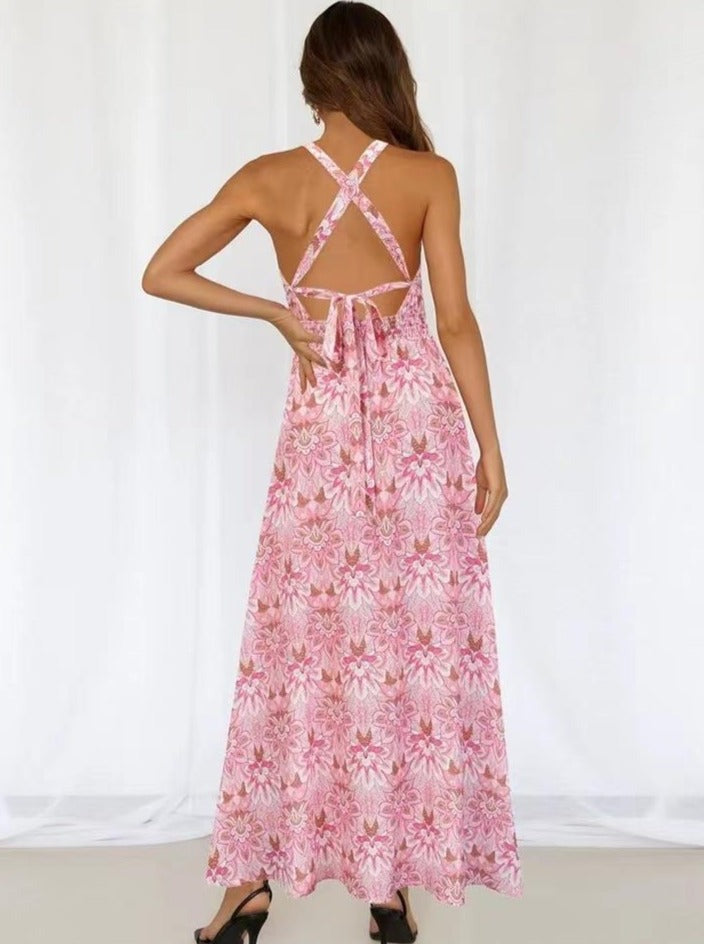 Robe longue à imprimé floral avec col licou et dos nageur 