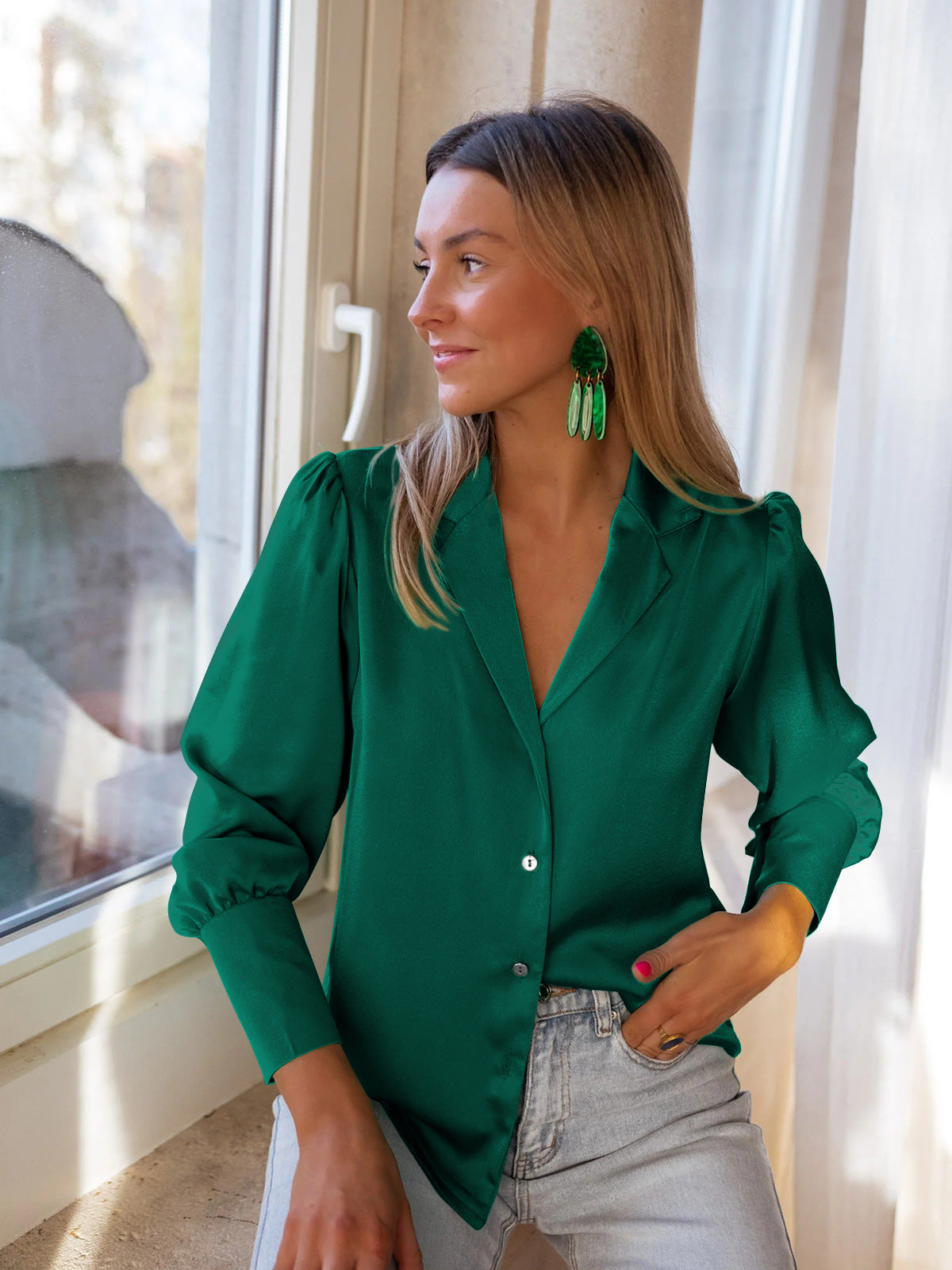 Chemise ample à manches longues et boutons pour femme verte 