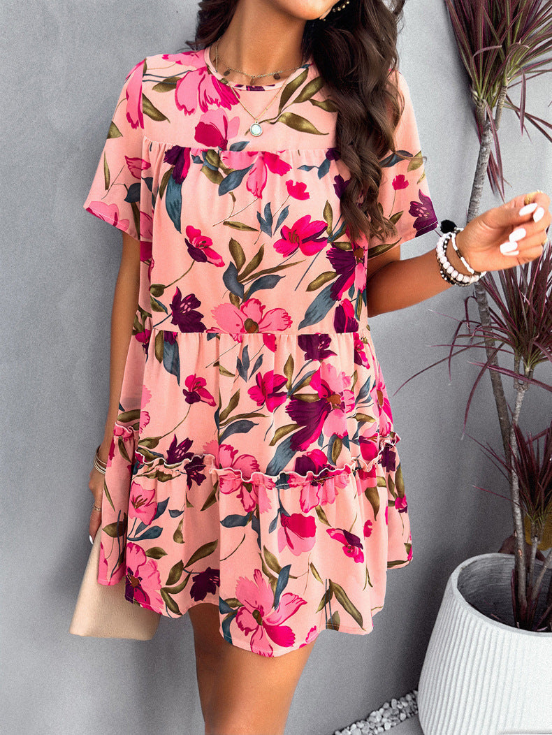 Robe à manches courtes imprimée rose pour les loisirs 