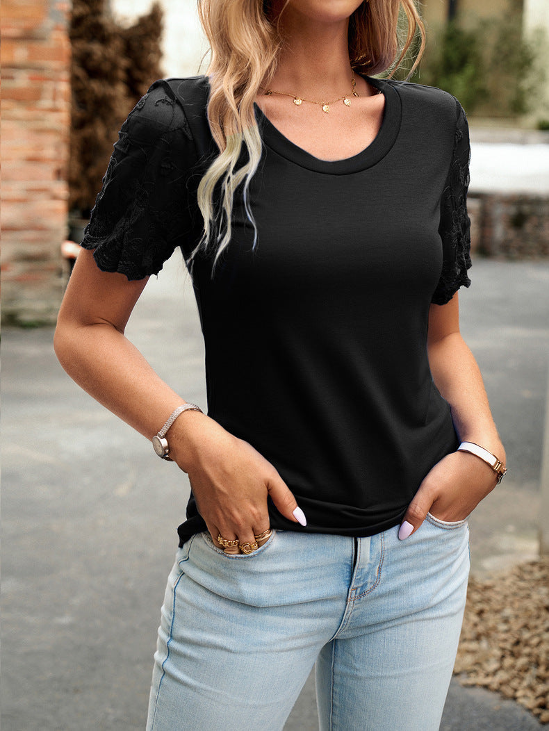 Black Round Neck Lace Sleeve T-Shirt