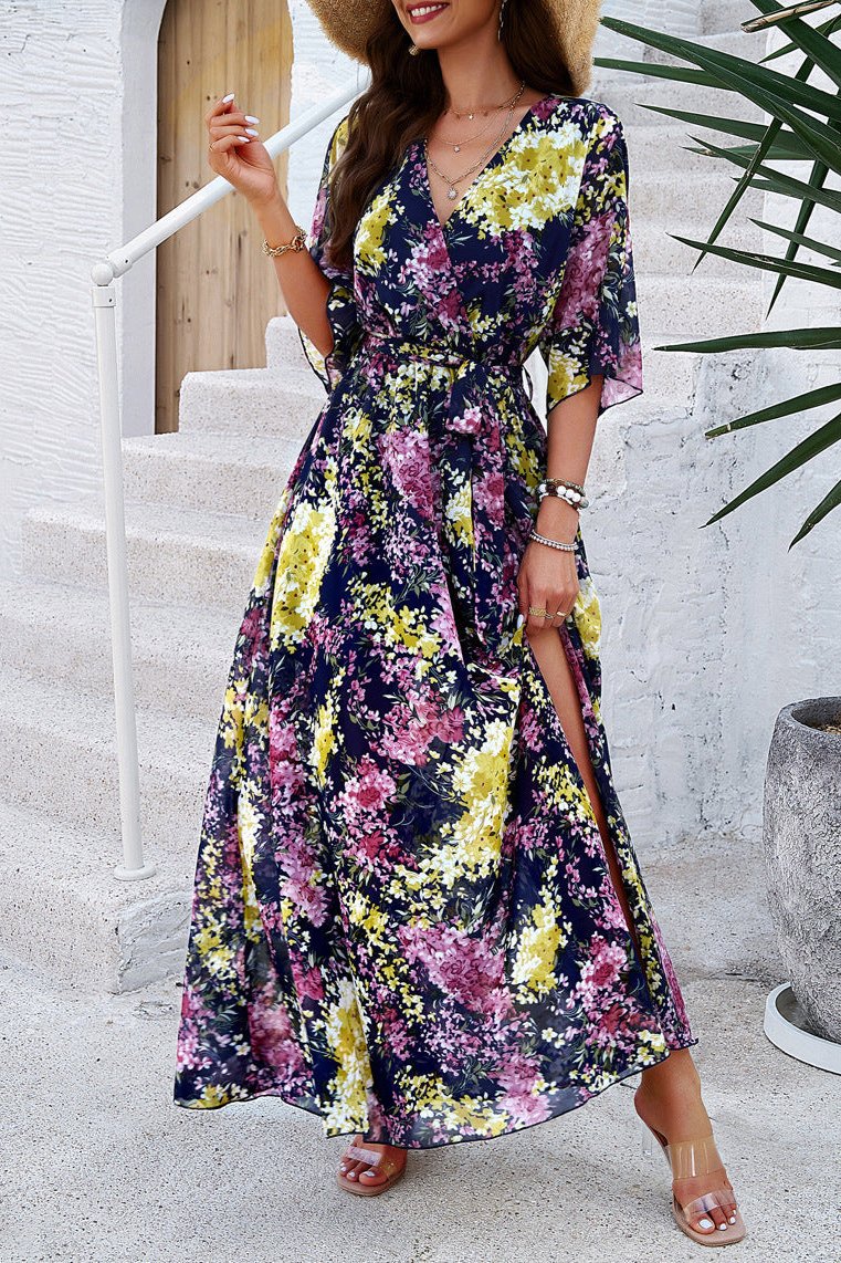 Robe mi-longue à imprimé floral, col en V, cache-cœur et ceinture 