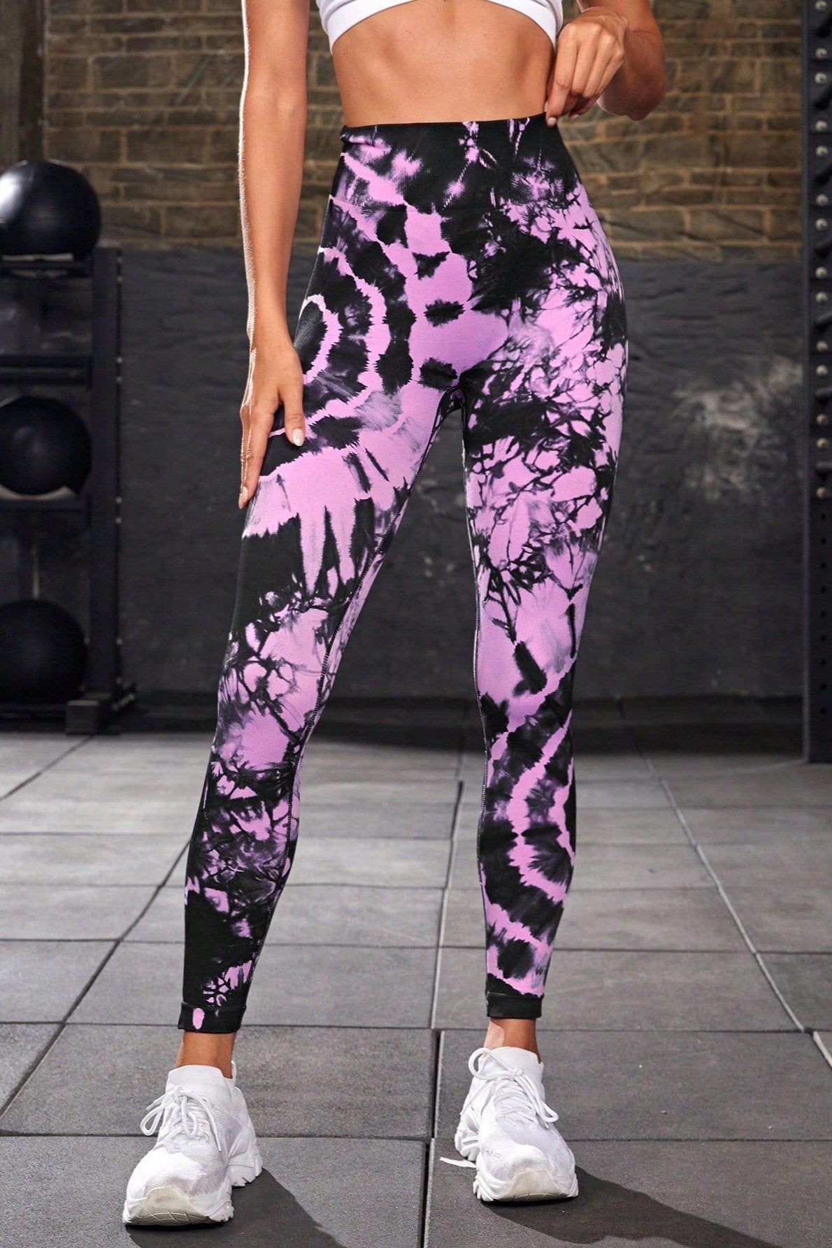 Pantalon de yoga taille haute violet sans coutures tie dye 