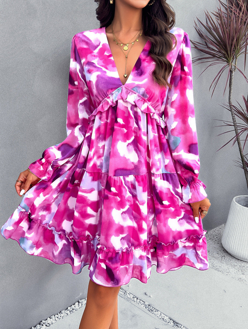 Robe à manches longues et col en V à imprimé floral violet 