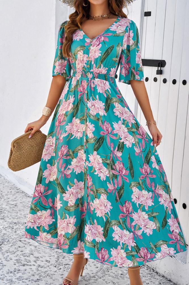 Robe mi-longue d'été chic à fleurs avec col en V et fente latérale 