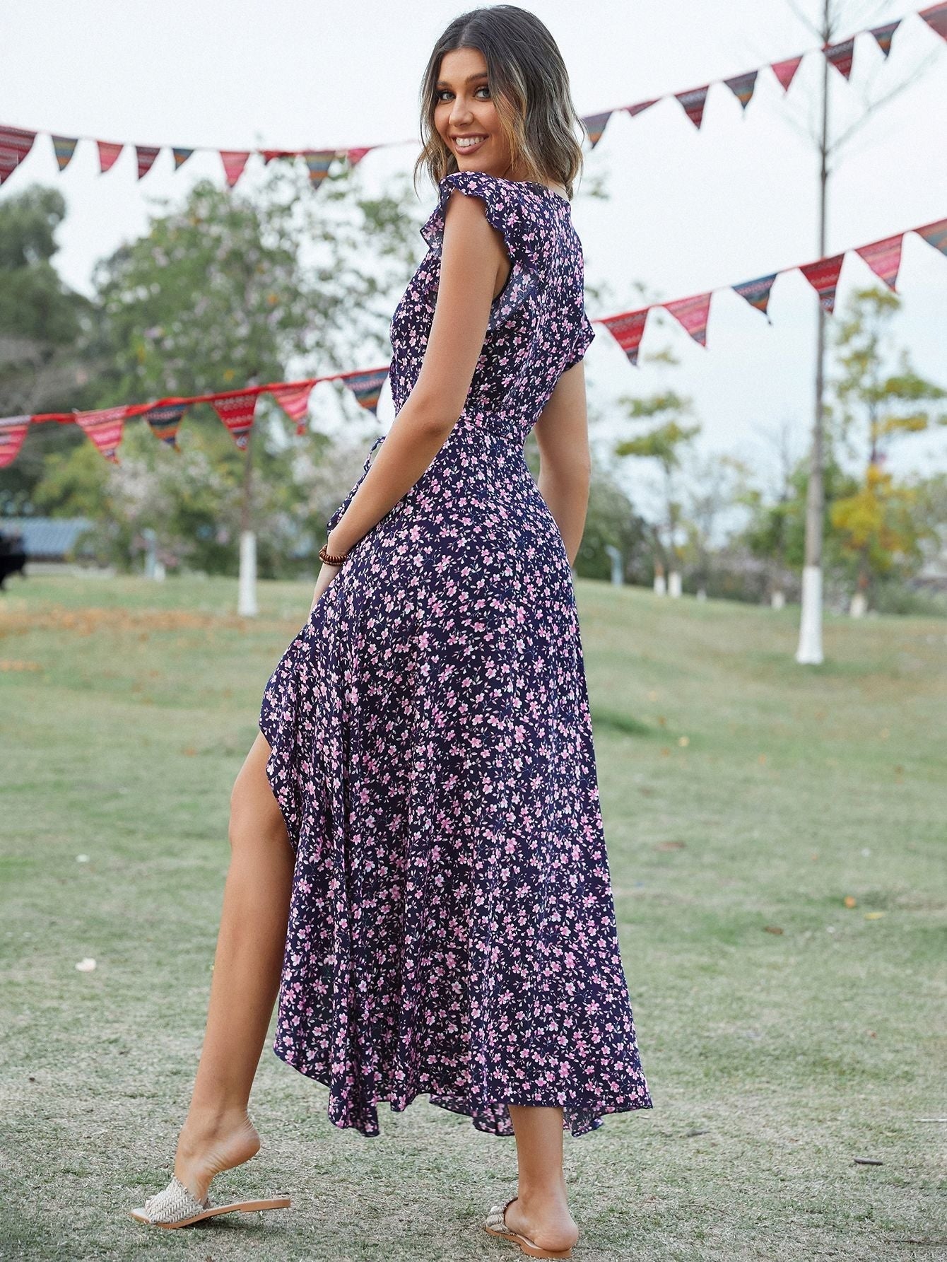 Robe mi-longue fendue en coton à imprimé floral bohème vintage 