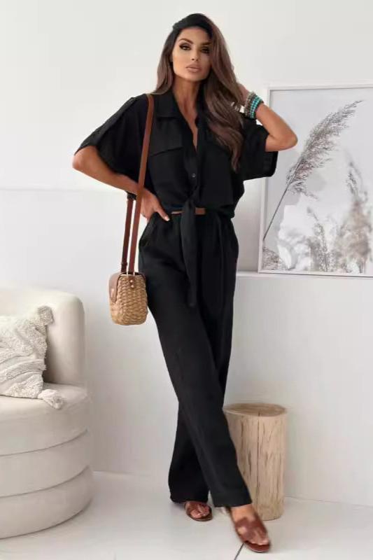 Ensemble chemise à revers boutonnée et pantalon à jambe large décontracté et solide 