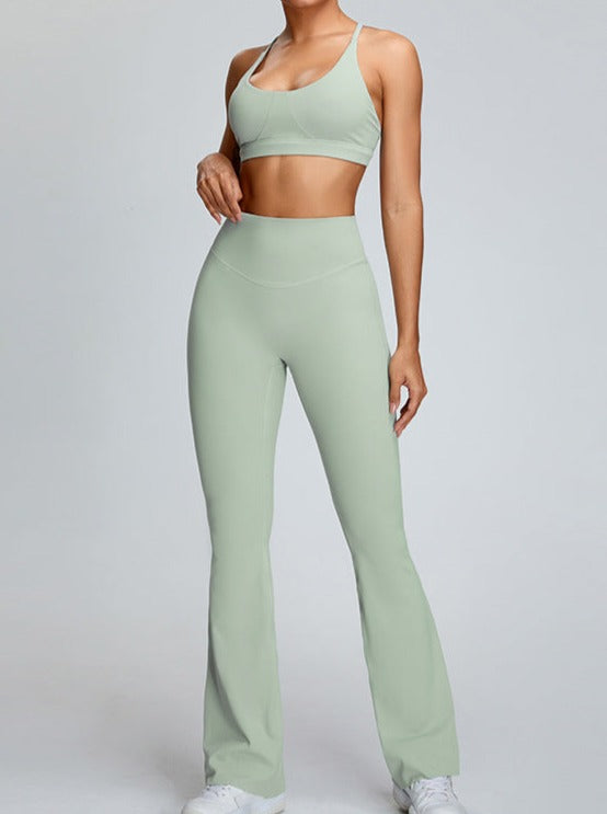 Pantalon de yoga taille haute vert micro-large avec contrôle du ventre 