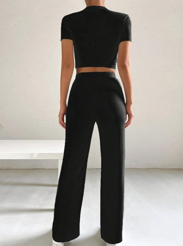 Ensemble pantalon large noir et haut court