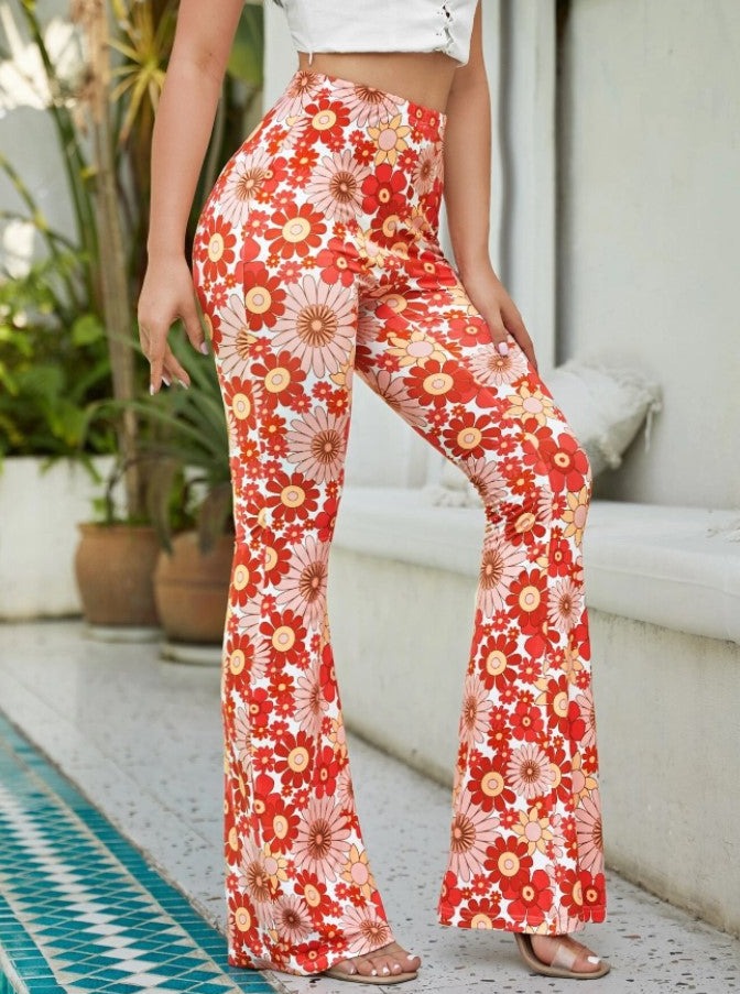 Pantalon évasé moulant à imprimé floral 