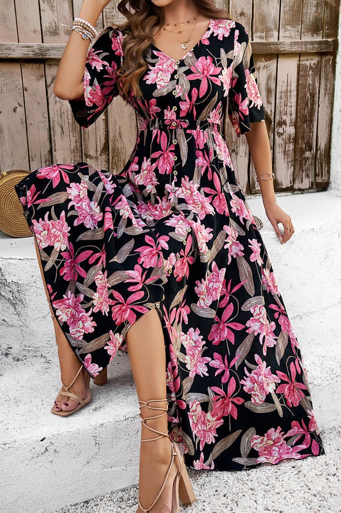 Robe mi-longue d'été chic à fleurs avec col en V et fente latérale